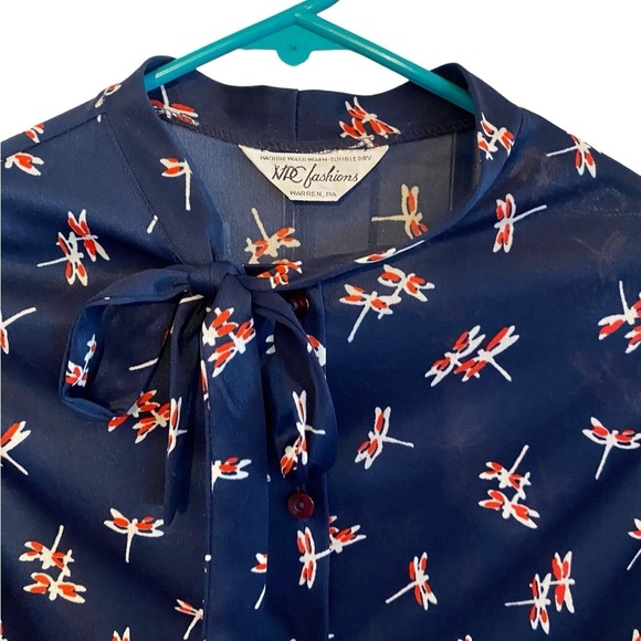 vintage 60s / 70s blue and red dragonfly button down pussybow blouse - Picture 3 of 5